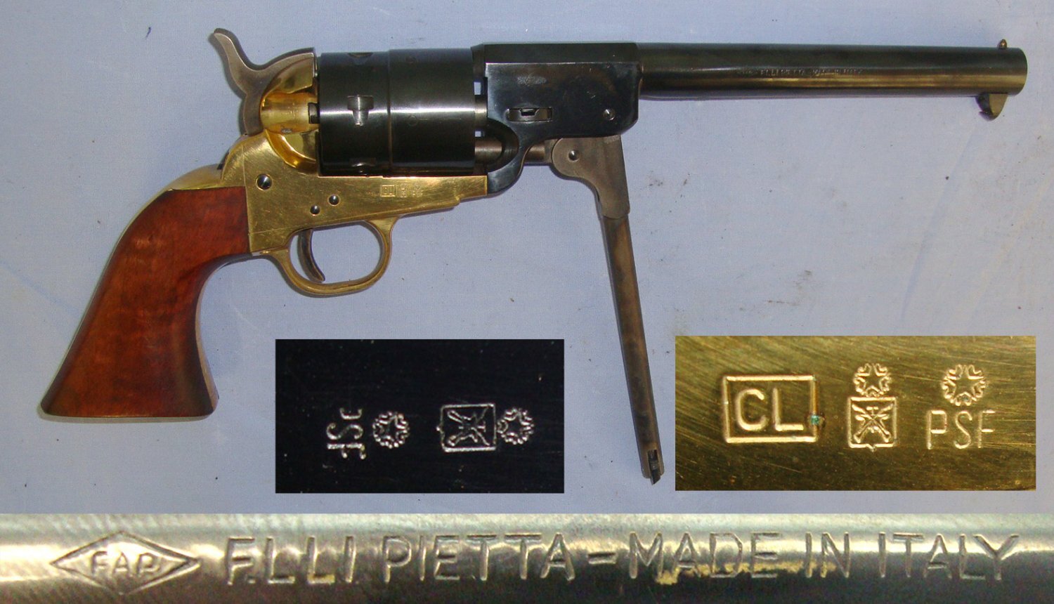 QUALITY**Pietta Western Confederate (American Colt M1851 Navy) Downward Venting 9mm Blank Firing 6 Shot Single Action Revolver With Brass Frame, Colour Case Hardened Loading Lever & Hammer. Sn 22643:29 9mm Revolver