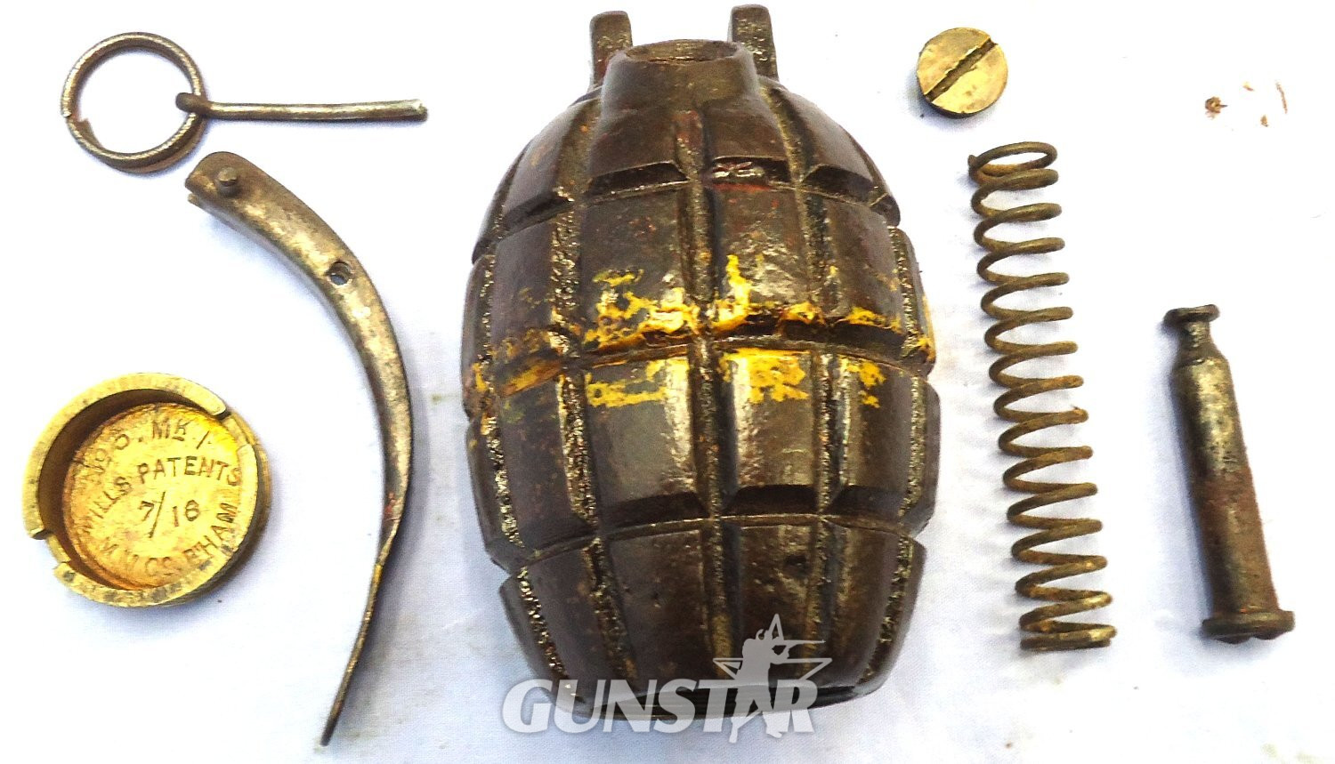 INERT DEACTIVATED. RARE, Original Paint, Early WW1, July 1916 Dated, No5 MK 1 'Centre Cast & Lathe Finished' First Pattern Mills Hand Grenade by M M Co (Mills Munitions). Sn - 23230:6 INERT DEACTIVATED. RARE, Original Paint, Early WW1, July 1916 Dated, No5 MK 1 'Centre Cast & Lathe Finished' First Pattern Mills Hand Grenade by M M Co (Mills Munitions). Sn - 23230:6 Various Other Ammunition