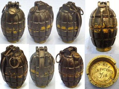 INERT DEACTIVATED. RARE, Original Paint, Early WW1, July 1916 Dated, No5 MK 1 'Centre Cast & Lathe Finished' First Pattern Mills Hand Grenade by M M Co (Mills Munitions). Sn - 23230:6 INERT DEACTIVATED. RARE, Original Paint, Early WW1, July 1916 Dated, No5 MK 1 'Centre Cast & Lathe Finished' First Pattern Mills Hand Grenade by M M Co (Mills Munitions). Sn - 23230:6 Various Other Ammunition