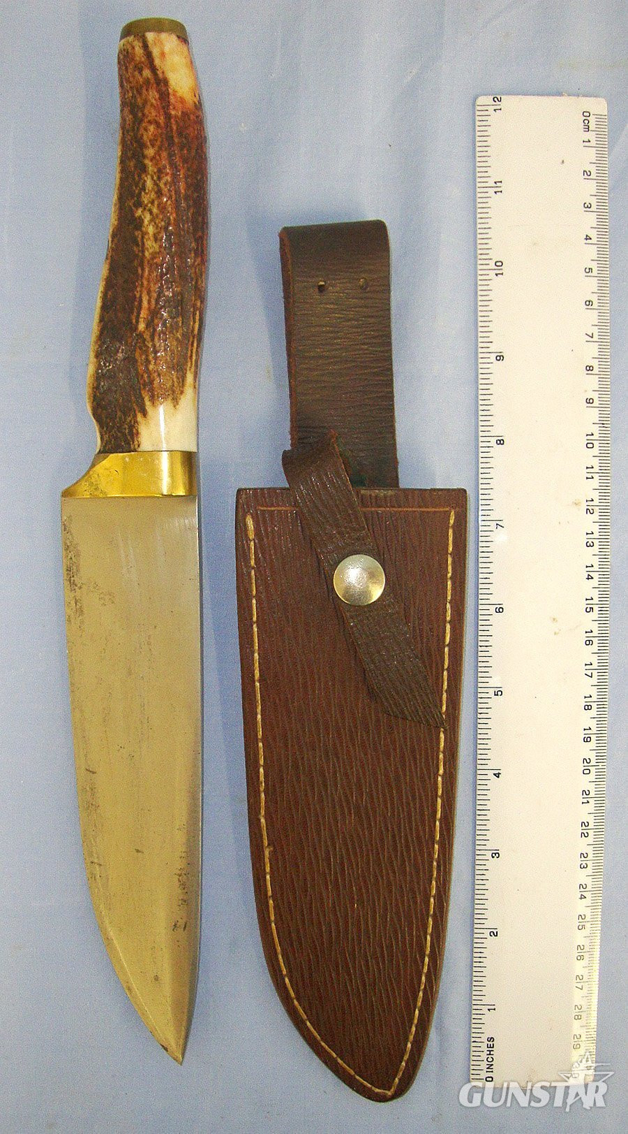 Late Victorian / Edwardian Era English J. Retlaw & Co (Aka Walter) Sheffield Bowie Knife With Solid Stag Antler Hilt, Brass Fittings & Later Bespoke Made Leather Scabbard. Sn 23479 Knive in 