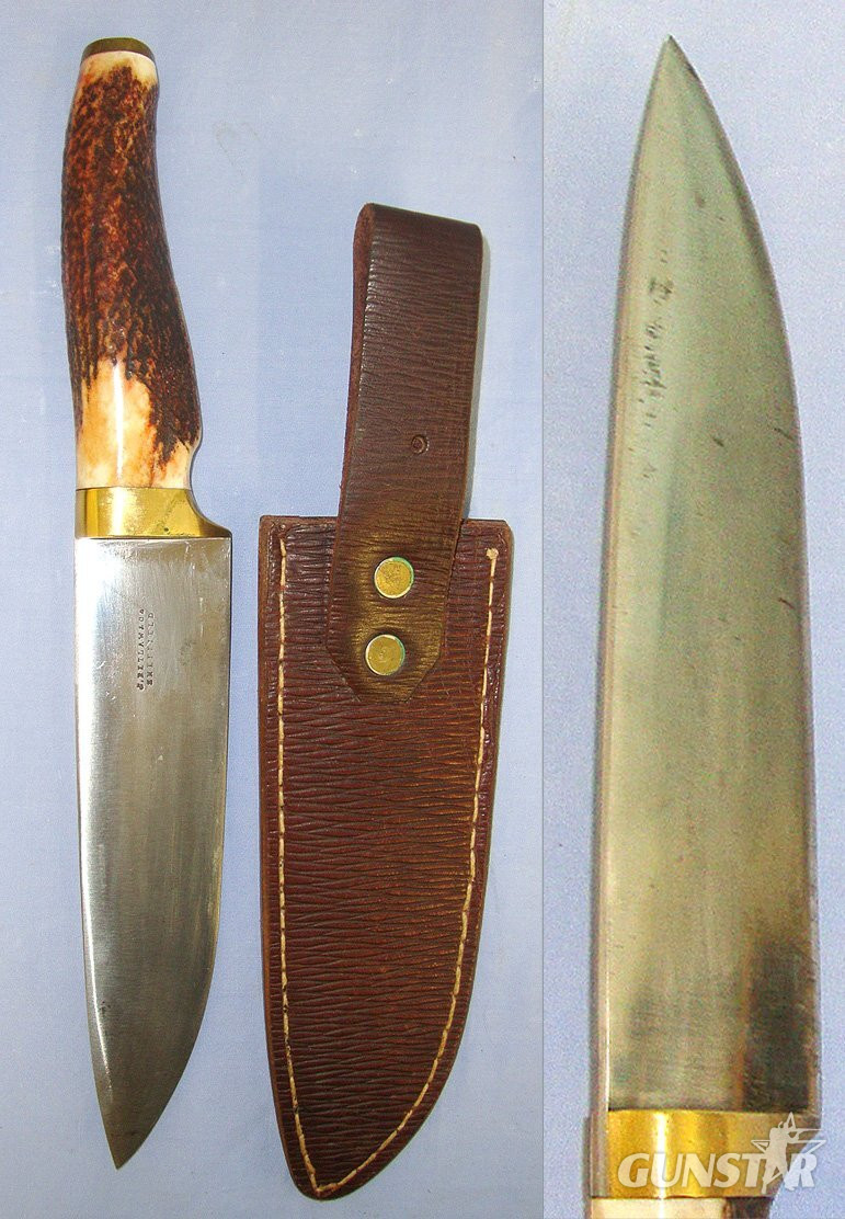  Late Victorian / Edwardian Era English J. Retlaw & Co (Aka Walter) Sheffield Bowie Knife With Solid Stag Antler Hilt, Brass Fittings & Later Bespoke Made Leather Scabbard. Sn 23479 Knive