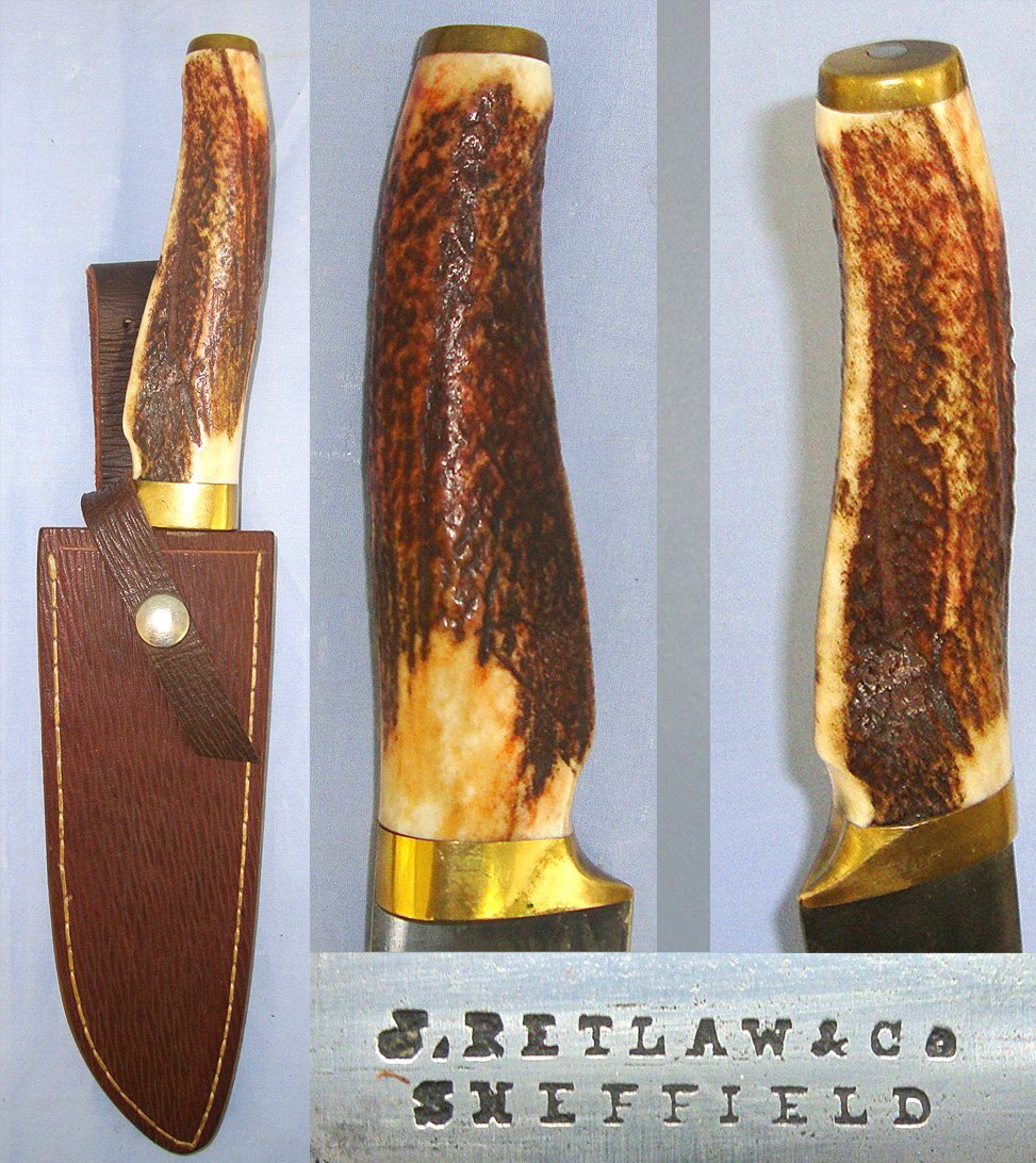 Late Victorian / Edwardian Era English J. Retlaw & Co (Aka Walter) Sheffield Bowie Knife With Solid Stag Antler Hilt, Brass Fittings & Later Bespoke Made Leather Scabbard. Sn 23479 Knive