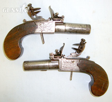 Patrick, Liverpool 50 Bore Pair Of Flintlock Pocket Pistols With Screw Off Barrels & Folding Trigge .50 Cal Muzzleloader Muzzleloader in 