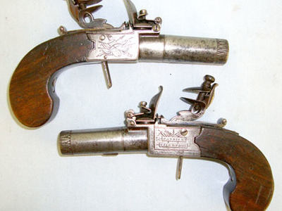 Patrick, Liverpool 50 Bore Pair Of Flintlock Pocket Pistols With Screw Off Barrels & Folding Trigge .50 Cal Muzzleloader Muzzleloader