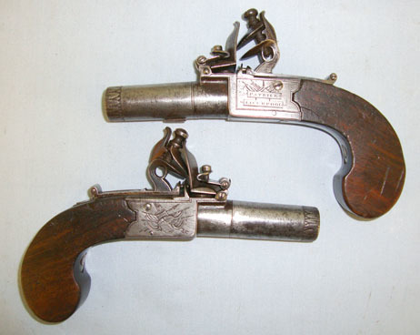 Patrick, Liverpool 50 Bore Pair Of Flintlock Pocket Pistols With Screw Off Barrels & Folding Trigge .50 Cal Muzzleloader Muzzleloader