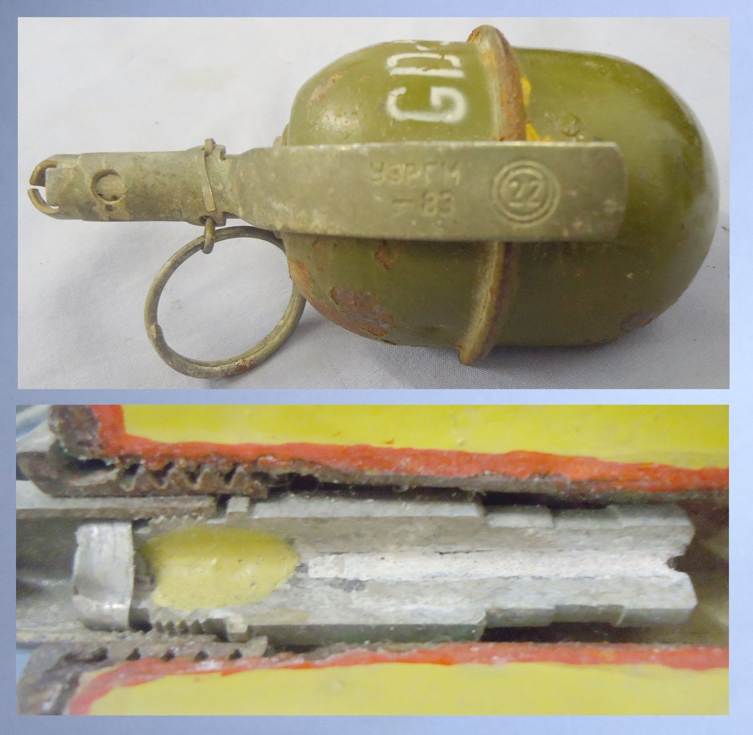 INERT DEACTIVATED*. Russian RGD-5 (Ruchnaya Granata Distantsionnaya, ¾ Sectioned (Hand Grenade). O 1566. INERT DEACTIVATED*. Russian RGD-5 (Ruchnaya Granata Distantsionnaya, ¾ Sectioned (Hand Grenade). O 1566.   Other Ammunition