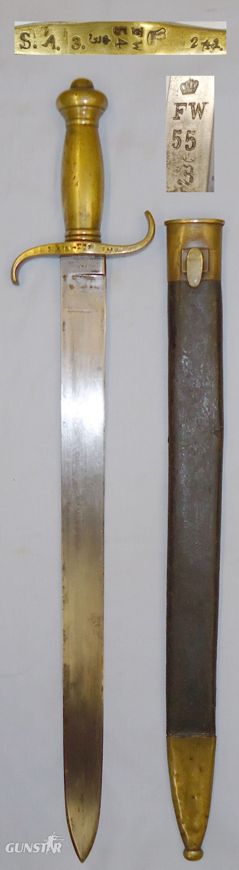 Dated 1855 Regiment Marked Prussian M1852 Infantry Sidearm ‘Faschinenmesser’ Short Sword and Scabbard by Maker Schitzler & Kirschbaum. 21384. Sword in 