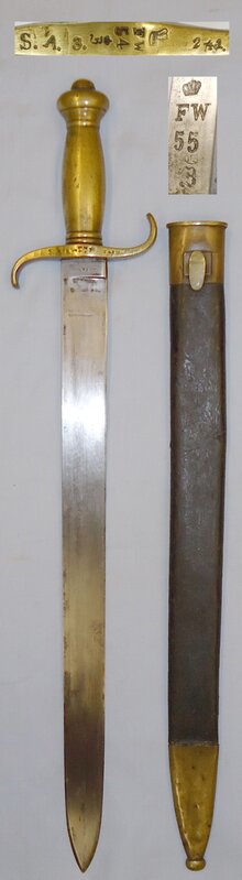 Dated 1855 Regiment Marked Prussian M1852 Infantry Sidearm ‘Faschinenmesser’ Short Sword and Scabbard by Maker Schitzler & Kirschbaum. 21384. Sword