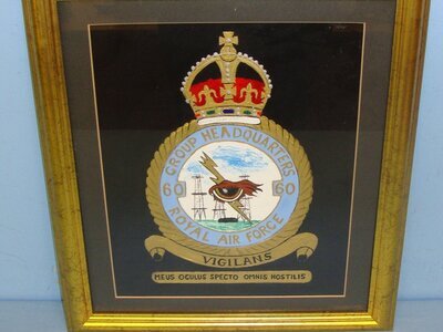 Framed Hand Painted WW2 Era British RAF No. 60 Group Headquarters King’s Crown Badge. Sn 22593  Antique & Militaria