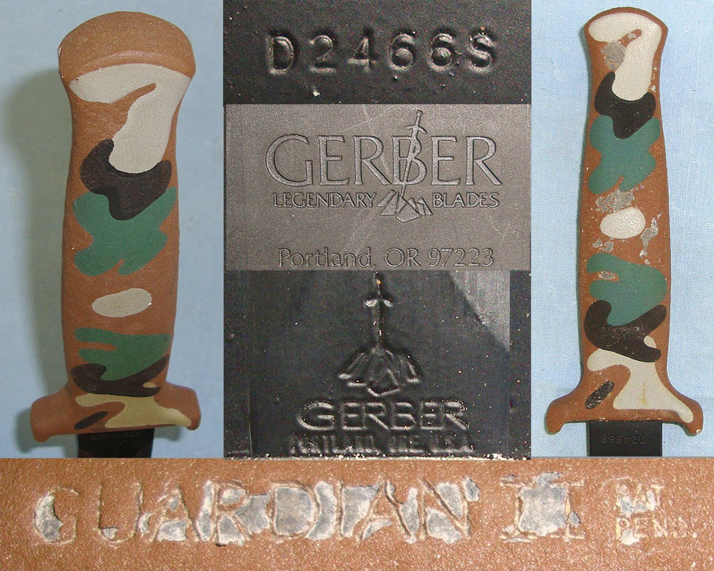 VIETNAM WAR CONNECTIONS**RARE *& DESIRABLE**MINT BLADE**1980’s Variant Gerber Guardian MK II U.S. Military Tactical Combat Fighting Knife With Camouflage Hilt & Scabbard. Sn 23412 Knive