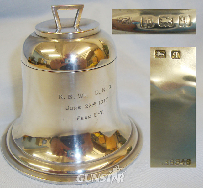 WW1 1917 Dated Sterling Silver Bell Shaped British Officer’s Presentation Ink Well With Hinged Lid Engraved KBW. DKD From E-T By A & J Zimmerman Birmingham. MISC 846. WW1 1917 Dated Sterling Silver Bell Shaped British Officer’s Presentation Ink Well With Hinged Lid Engraved KBW. DKD From E-T By A & J Zimmerman Birmingham. MISC 846. Other Accessory in 