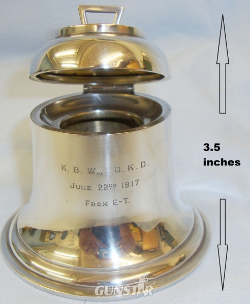 WW1 1917 Dated Sterling Silver Bell Shaped British Officer’s Presentation Ink Well With Hinged Lid Engraved KBW. DKD From E-T By A & J Zimmerman Birmingham. MISC 846. WW1 1917 Dated Sterling Silver Bell Shaped British Officer’s Presentation Ink Well With Hinged Lid Engraved KBW. DKD From E-T By A & J Zimmerman Birmingham. MISC 846. Other Accessory