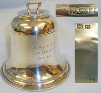 WW1 1917 Dated Sterling Silver Bell Shaped British Officer’s Presentation Ink Well With Hinged Lid Engraved KBW. DKD From E-T By A & J Zimmerman Birmingham. MISC 846. WW1 1917 Dated Sterling Silver Bell Shaped British Officer’s Presentation Ink Well With Hinged Lid Engraved KBW. DKD From E-T By A & J Zimmerman Birmingham. MISC 846. Other Accessory