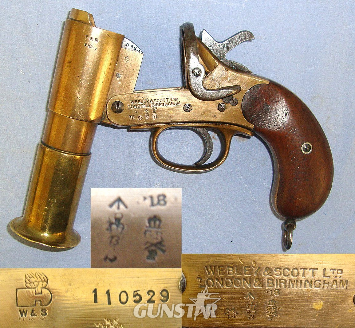 WW1 1918 British WD Webley & Scott MK III* Brass Trench/ Signal Flare Pistol With Flared Muzzle**UK 2026 DEACTIVATION CERTIFICATED** D 6057 signal flare pistol None  Rocket Launcher