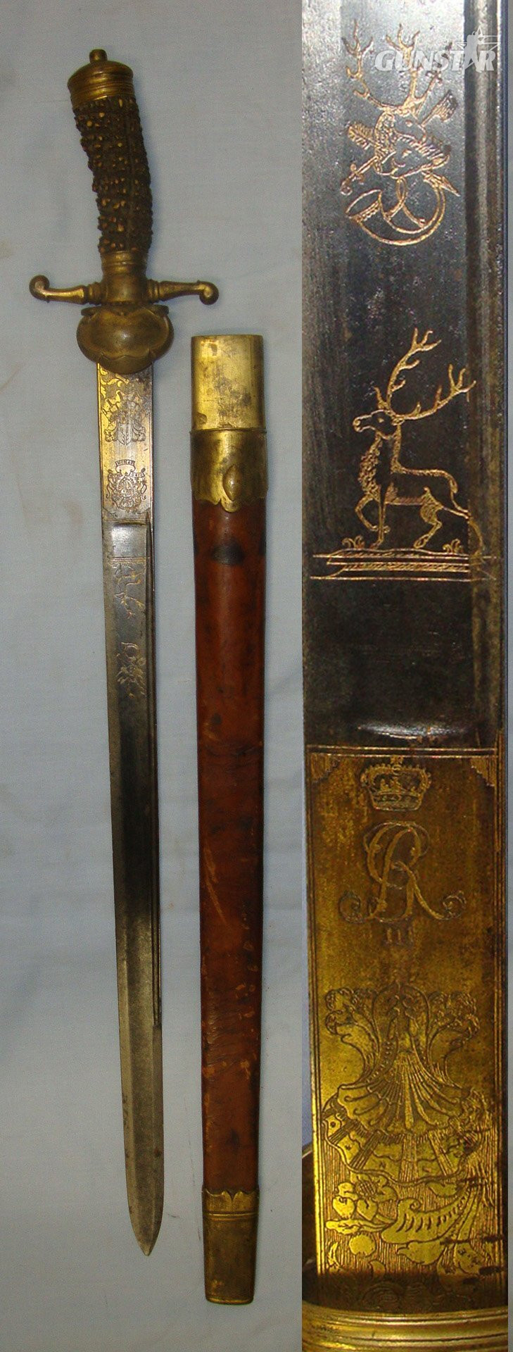RARE**NOBLEMAN’s QUALITY** Large, English, 1786 George III Clamshell Stag / Boar Hunting Dagger / Sidearm With Etched, Blued & Gilt Blade Signed ‘Johann Friedrick Roab Hertberg’ With Stag Antler Grip & Scabbard. Sn 14659 Hunting Knive in 