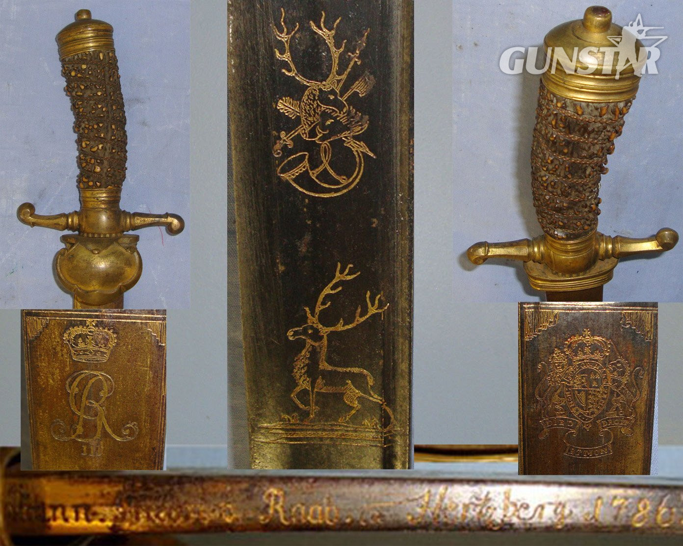 RARE**NOBLEMAN’s QUALITY** Large, English, 1786 George III Clamshell Stag / Boar Hunting Dagger / Sidearm With Etched, Blued & Gilt Blade Signed ‘Johann Friedrick Roab Hertberg’ With Stag Antler Grip & Scabbard. Sn 14659 Hunting Knive