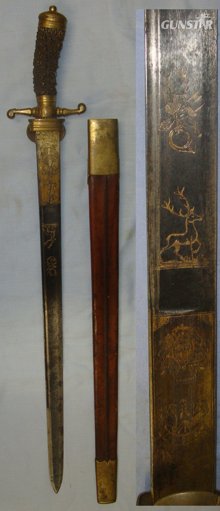  RARE**NOBLEMAN’s QUALITY** Large, English, 1786 George III Clamshell Stag / Boar Hunting Dagger / Sidearm With Etched, Blued & Gilt Blade Signed ‘Johann Friedrick Roab Hertberg’ With Stag Antler Grip & Scabbard. Sn 14659 Hunting Knive