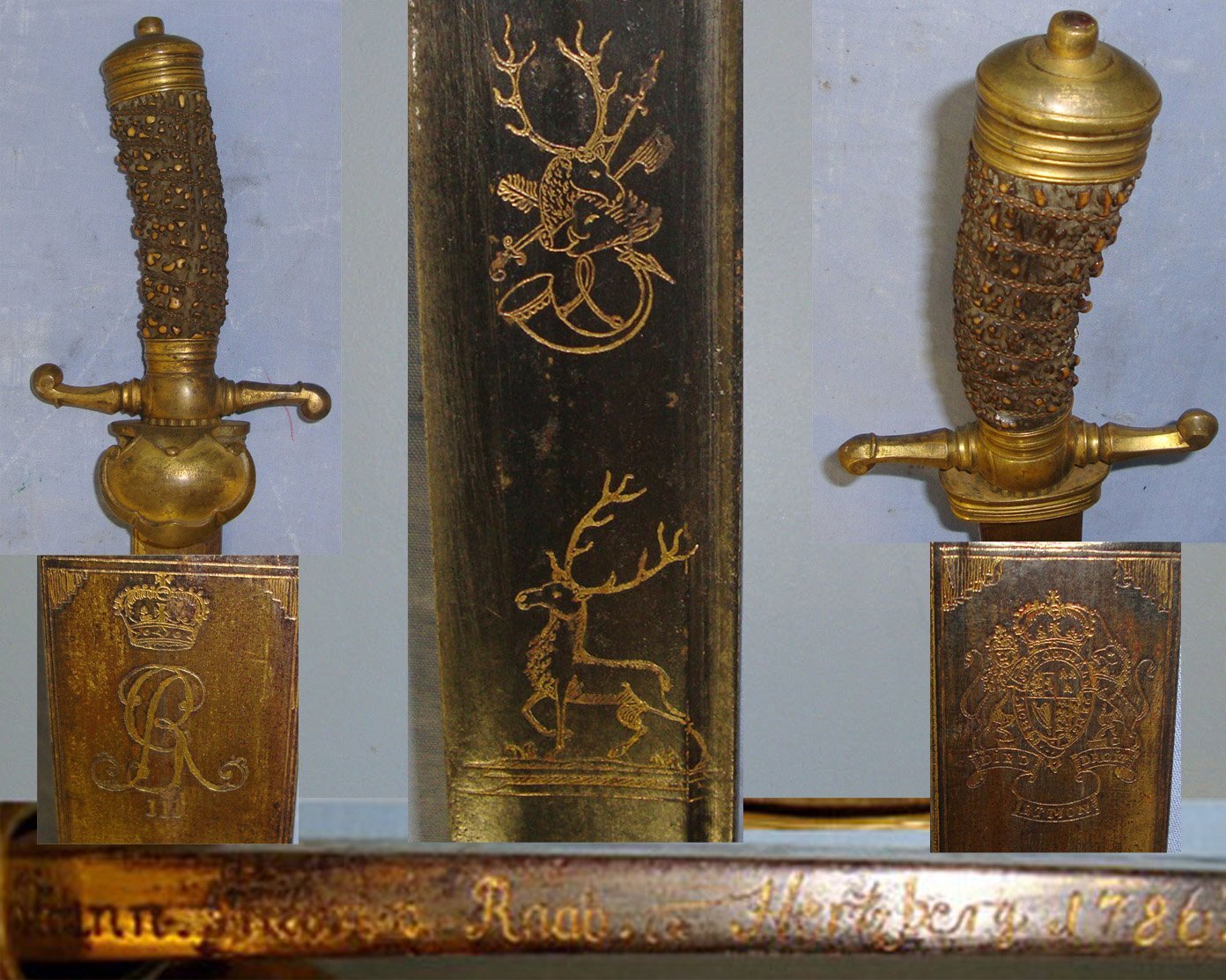 RARE**NOBLEMAN’s QUALITY** Large, English, 1786 George III Clamshell Stag / Boar Hunting Dagger / Sidearm With Etched, Blued & Gilt Blade Signed ‘Johann Friedrick Roab Hertberg’ With Stag Antler Grip & Scabbard. Sn 14659 Hunting Knive