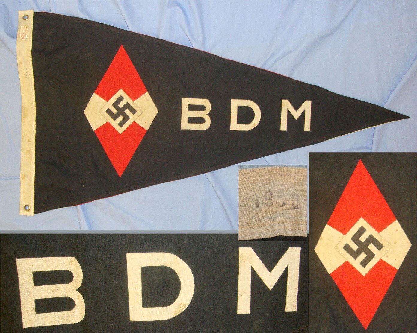 Original & Rare**Pre WW2 1938 Nazi RZM Labelled Hitler Youth (HJ) League of German Girls / Band of German Maidens (BDM) Multi Panel Construction Heavy Cotton Pole Pennant / Flag. Sn 19183 Original & Rare**Pre WW2 1938 Nazi RZM Labelled Hitler Youth (HJ) League of German Girls / Band of German Maidens (BDM) Multi Panel Construction Heavy Cotton Pole Pennant / Flag. Sn 19183  Antique & Militaria