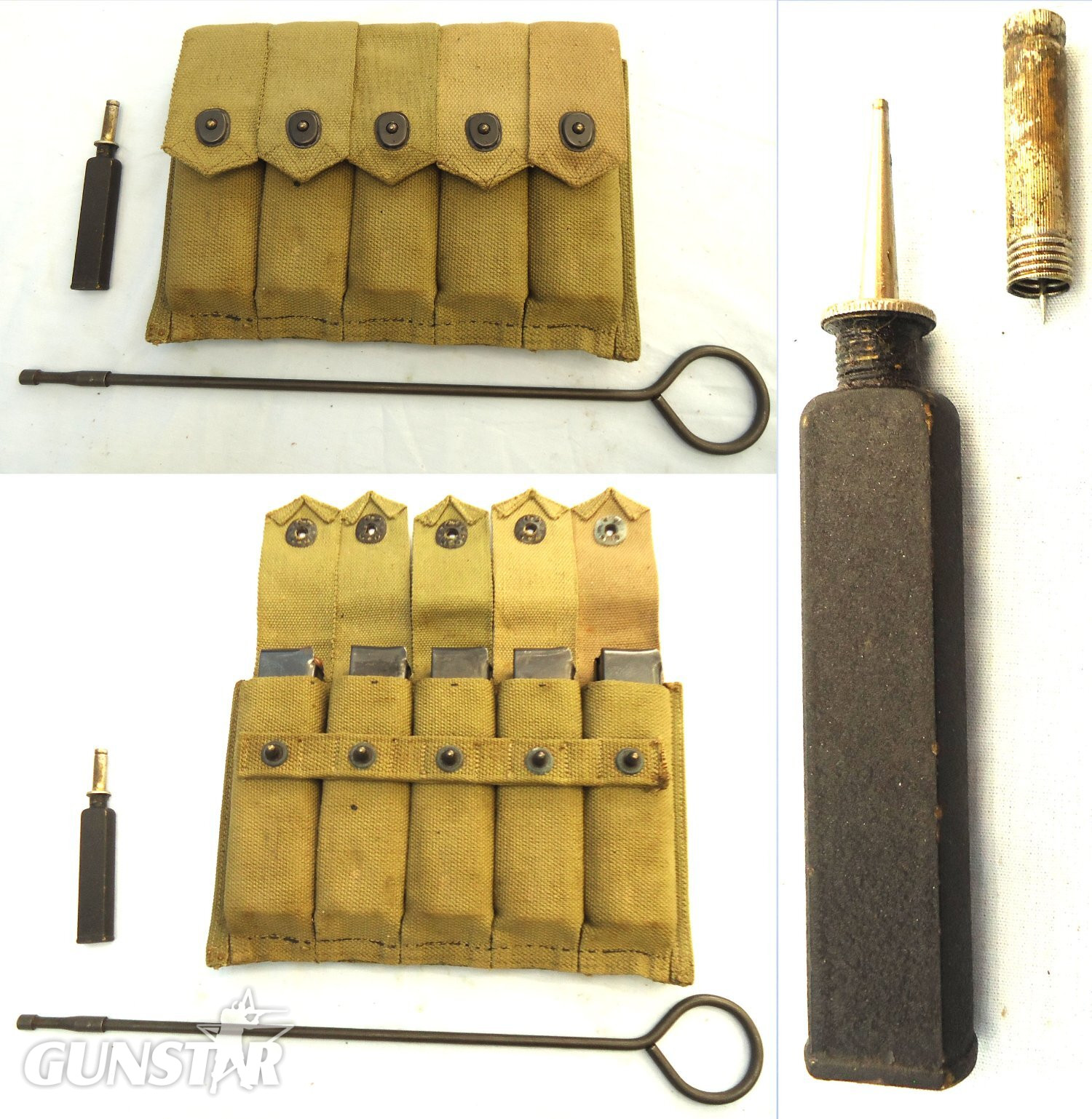 INERT DEACTIVATED. Original WW2 US Army Thompson Webbing 5 x 20 Round Magazine Pouch, 5 x 20 Round Magazines, Inert Rounds, Cleaning Rod and Oil Bottle. MISC 1051 INERT DEACTIVATED. Original WW2 US Army Thompson Webbing 5 x 20 Round Magazine Pouch, 5 x 20 Round Magazines, Inert Rounds, Cleaning Rod and Oil Bottle. MISC 1051 Various  Machine Gun in 