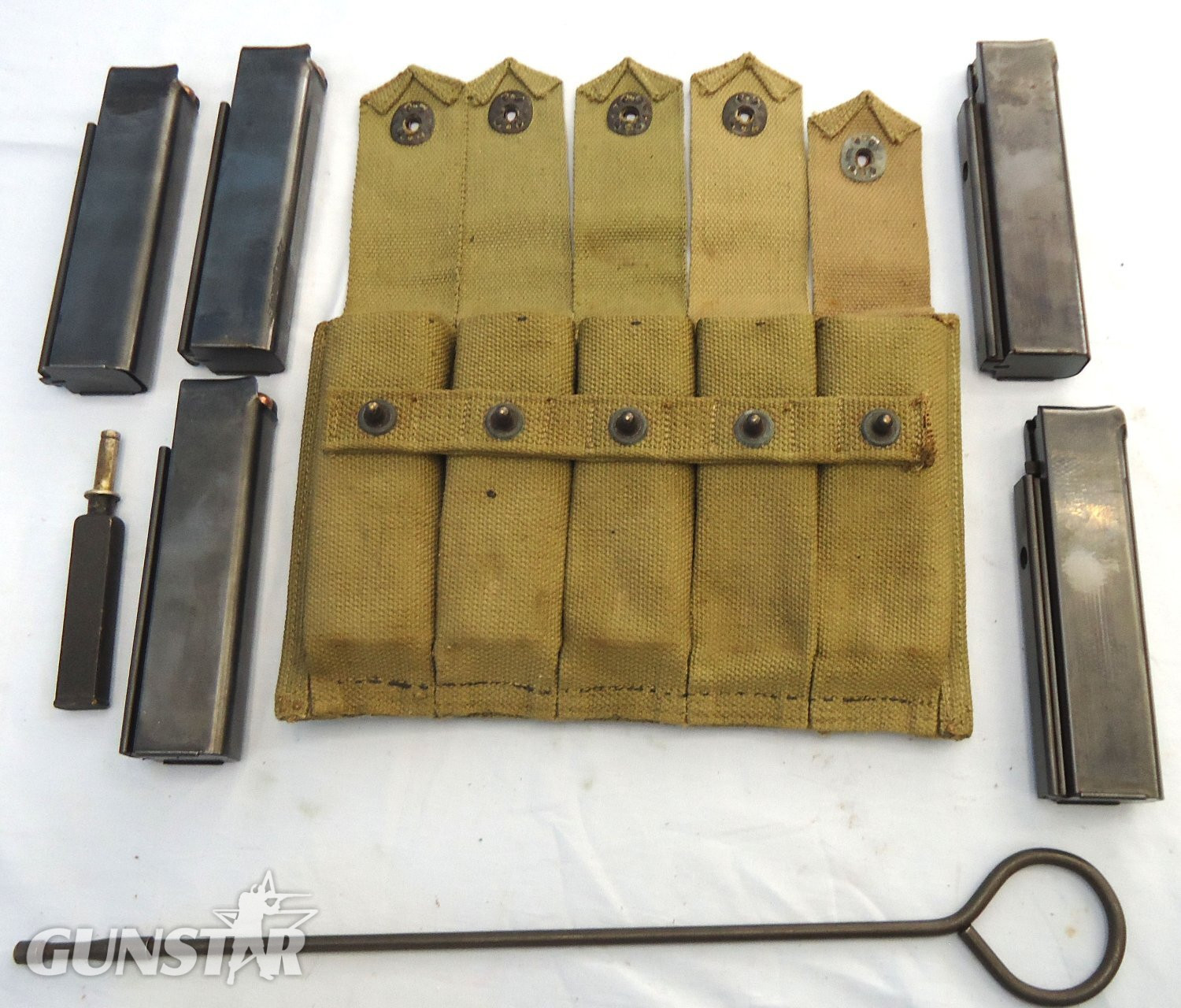  INERT DEACTIVATED. Original WW2 US Army Thompson Webbing 5 x 20 Round Magazine Pouch, 5 x 20 Round Magazines, Inert Rounds, Cleaning Rod and Oil Bottle. MISC 1051 INERT DEACTIVATED. Original WW2 US Army Thompson Webbing 5 x 20 Round Magazine Pouch, 5 x 20 Round Magazines, Inert Rounds, Cleaning Rod and Oil Bottle. MISC 1051 Various  Machine Gun
