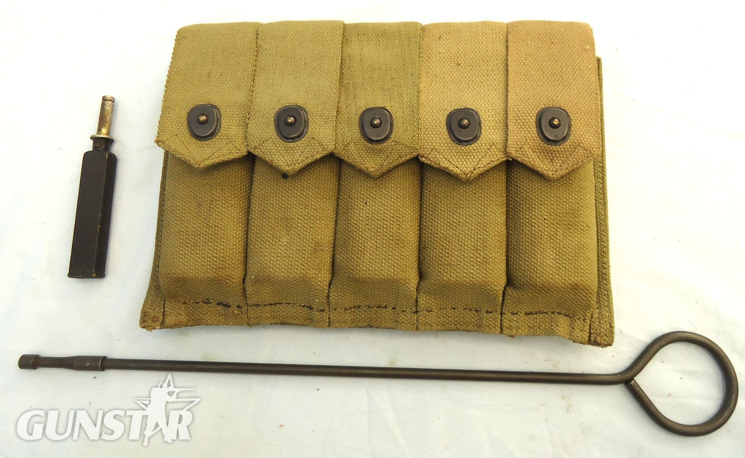INERT DEACTIVATED. Original WW2 US Army Thompson Webbing 5 x 20 Round Magazine Pouch, 5 x 20 Round Magazines, Inert Rounds, Cleaning Rod and Oil Bottle. MISC 1051 INERT DEACTIVATED. Original WW2 US Army Thompson Webbing 5 x 20 Round Magazine Pouch, 5 x 20 Round Magazines, Inert Rounds, Cleaning Rod and Oil Bottle. MISC 1051 Various  Machine Gun - {CATEGORY} in 