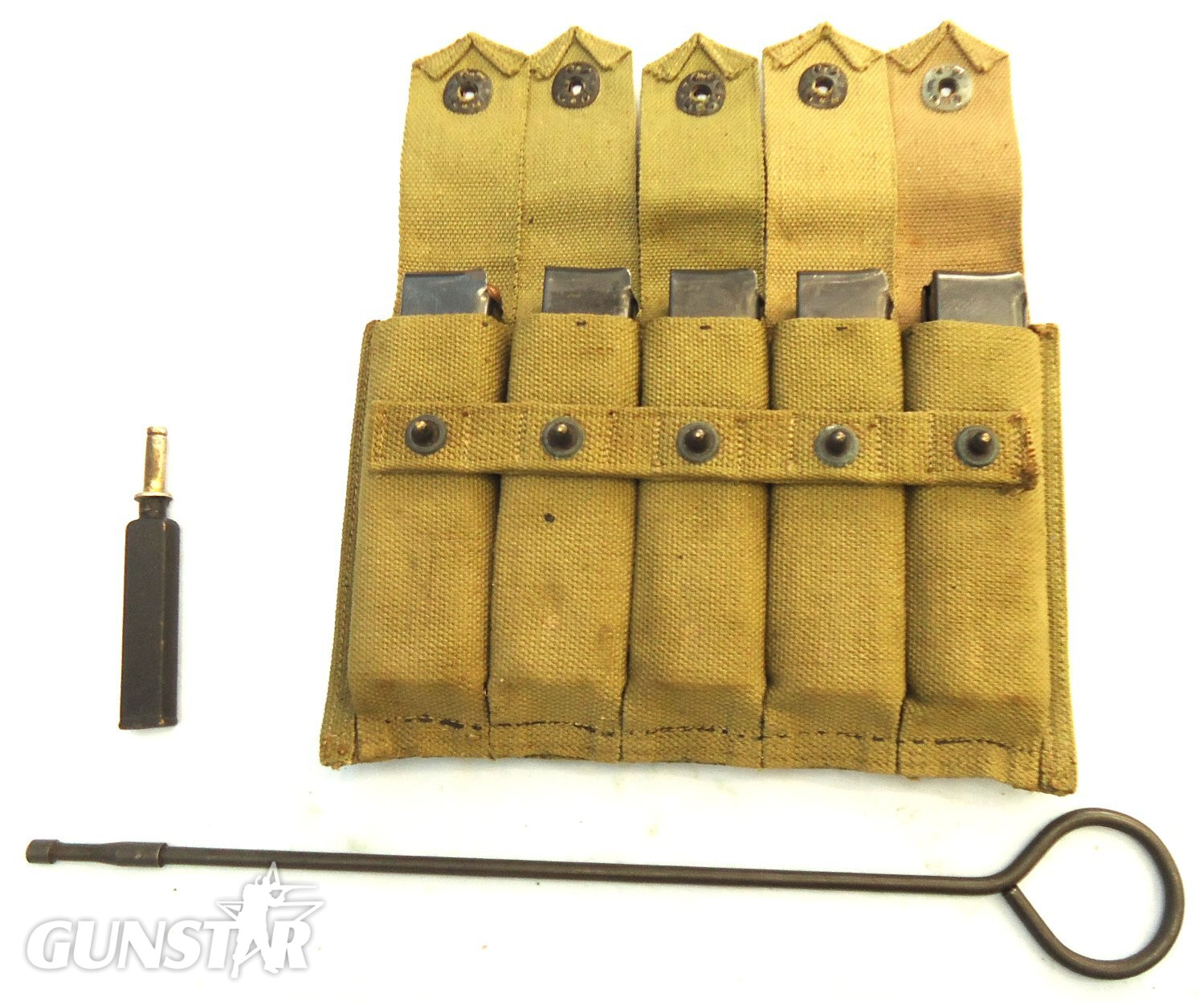 INERT DEACTIVATED. Original WW2 US Army Thompson Webbing 5 x 20 Round Magazine Pouch, 5 x 20 Round Magazines, Inert Rounds, Cleaning Rod and Oil Bottle. MISC 1051 INERT DEACTIVATED. Original WW2 US Army Thompson Webbing 5 x 20 Round Magazine Pouch, 5 x 20 Round Magazines, Inert Rounds, Cleaning Rod and Oil Bottle. MISC 1051 Various  Machine Gun - {CATEGORY}