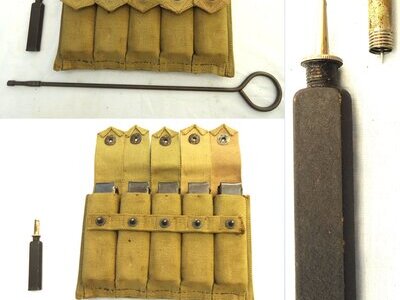 INERT DEACTIVATED. Original WW2 US Army Thompson Webbing 5 x 20 Round Magazine Pouch, 5 x 20 Round Magazines, Inert Rounds, Cleaning Rod and Oil Bottle. MISC 1051 INERT DEACTIVATED. Original WW2 US Army Thompson Webbing 5 x 20 Round Magazine Pouch, 5 x 20 Round Magazines, Inert Rounds, Cleaning Rod and Oil Bottle. MISC 1051 Various  Machine Gun