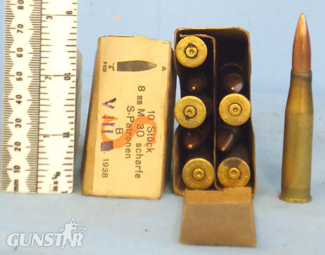  1938 Dated German 8x56R S Patronen 10 Round Service Pack Ammunition. 1938 Dated German 8x56R S Patronen 10 Round Service Pack Ammunition. Antique & Militaria