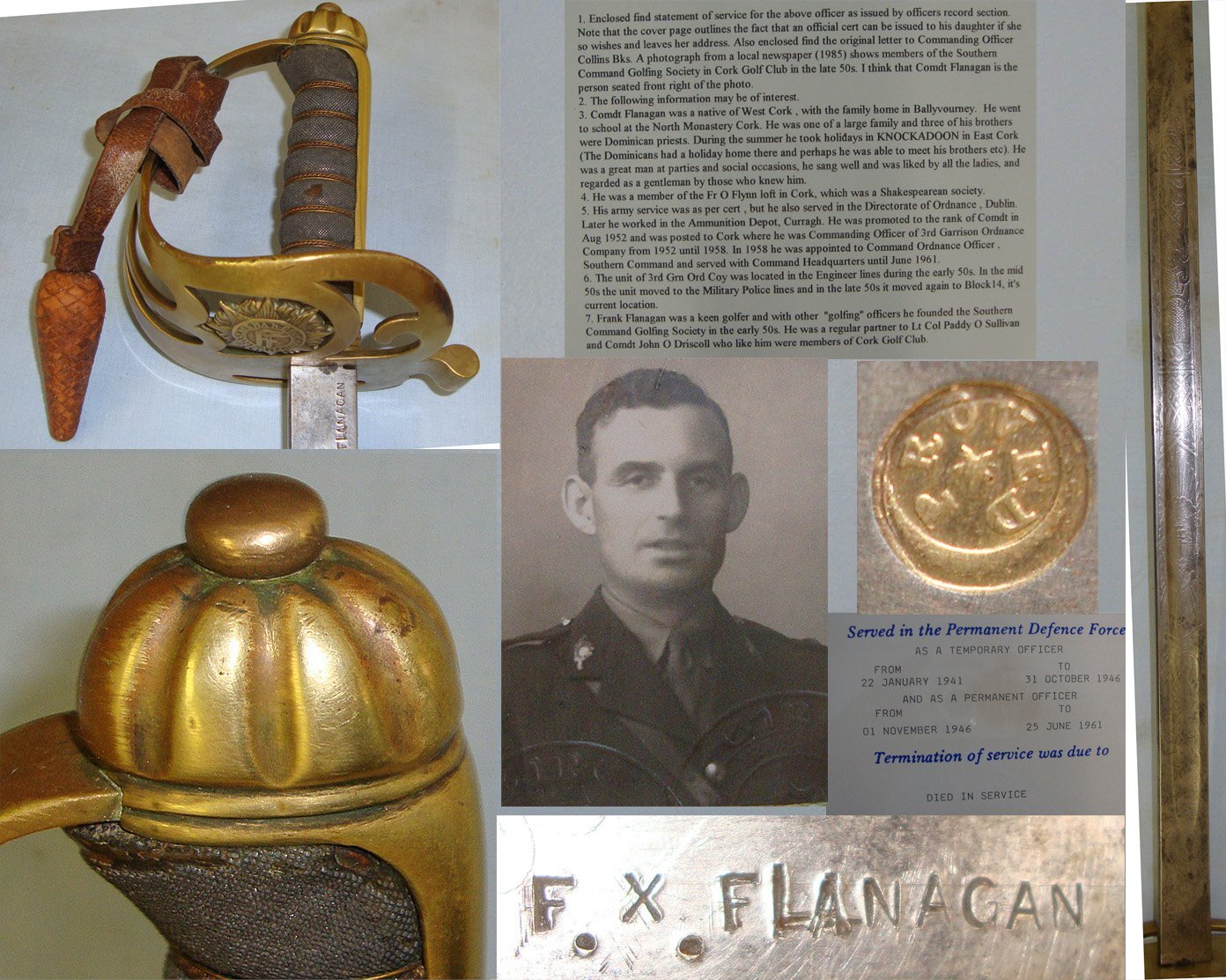 NAMED WITH PROVENANCE**Eire Irish Defence Forces Officer’s Sword With Scabbard & Sam Browne Pattern Frog To Commandant Francis Xavier Flanagan of the IDF Ordnance Corps Died In Service 1961 With Associated Antecedents, Service Records & Paperwork. ED 30 Sword