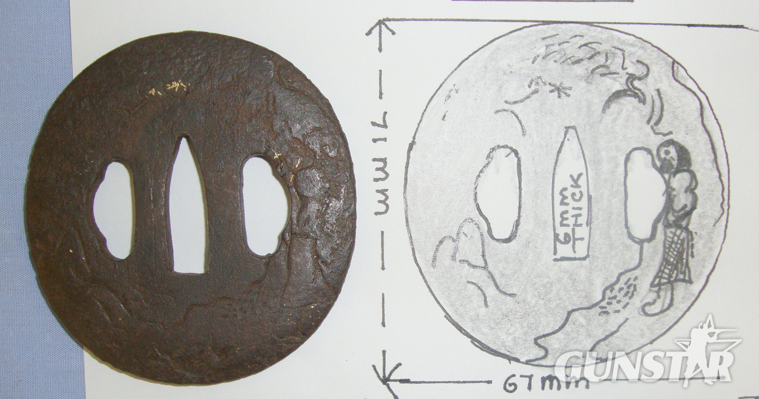 EXPERT ASSESSED**Japanese Late Edo Period Into 19th Century Shoami Style Wakizashi / Small Katana Sword Iron Tsuba Carved With Figure Of Priest Or Ghost In Rural Setting With Traces Of Original Gold Finish. Sn 21039 Sword in 