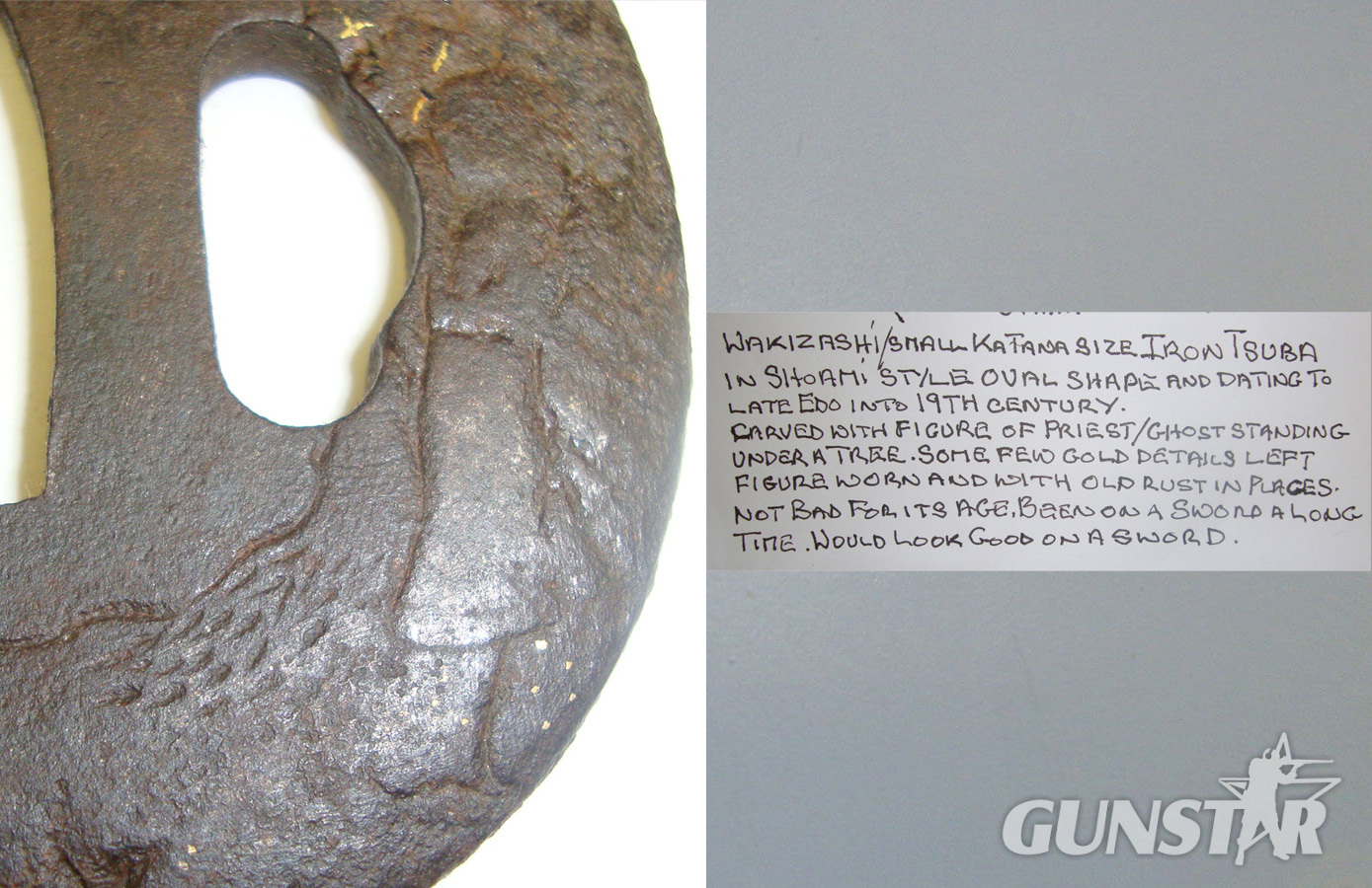EXPERT ASSESSED**Japanese Late Edo Period Into 19th Century Shoami Style Wakizashi / Small Katana Sword Iron Tsuba Carved With Figure Of Priest Or Ghost In Rural Setting With Traces Of Original Gold Finish. Sn 21039 Sword