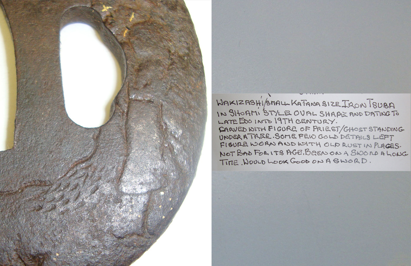EXPERT ASSESSED**Japanese Late Edo Period Into 19th Century Shoami Style Wakizashi / Small Katana Sword Iron Tsuba Carved With Figure Of Priest Or Ghost In Rural Setting With Traces Of Original Gold Finish. Sn 21039 Sword
