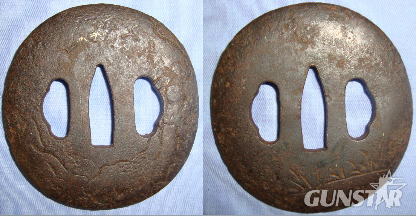  EXPERT ASSESSED**Japanese Late Edo Period Into 19th Century Shoami Style Wakizashi / Small Katana Sword Iron Tsuba Carved With Figure Of Priest Or Ghost In Rural Setting With Traces Of Original Gold Finish. Sn 21039 Sword