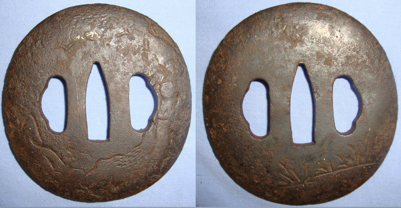  EXPERT ASSESSED**Japanese Late Edo Period Into 19th Century Shoami Style Wakizashi / Small Katana Sword Iron Tsuba Carved With Figure Of Priest Or Ghost In Rural Setting With Traces Of Original Gold Finish. Sn 21039 Sword