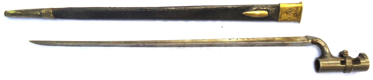{CATEGORY} - British, 1853/72 Pattern Martini Henry Rifle Bushed Socket Bayonet and Scabbard. Sn 23766 Bayonet in 