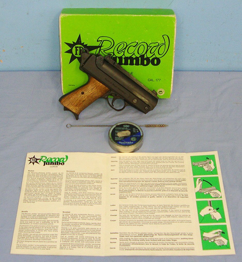 MINT**Boxed, 1980’s West Germany FB Record (BARTHELMS, FRITZ) Record Jumbo .177 Calibre 'Top Lever' Air Pistol With Accessories. Sn 23483 air pistol .177