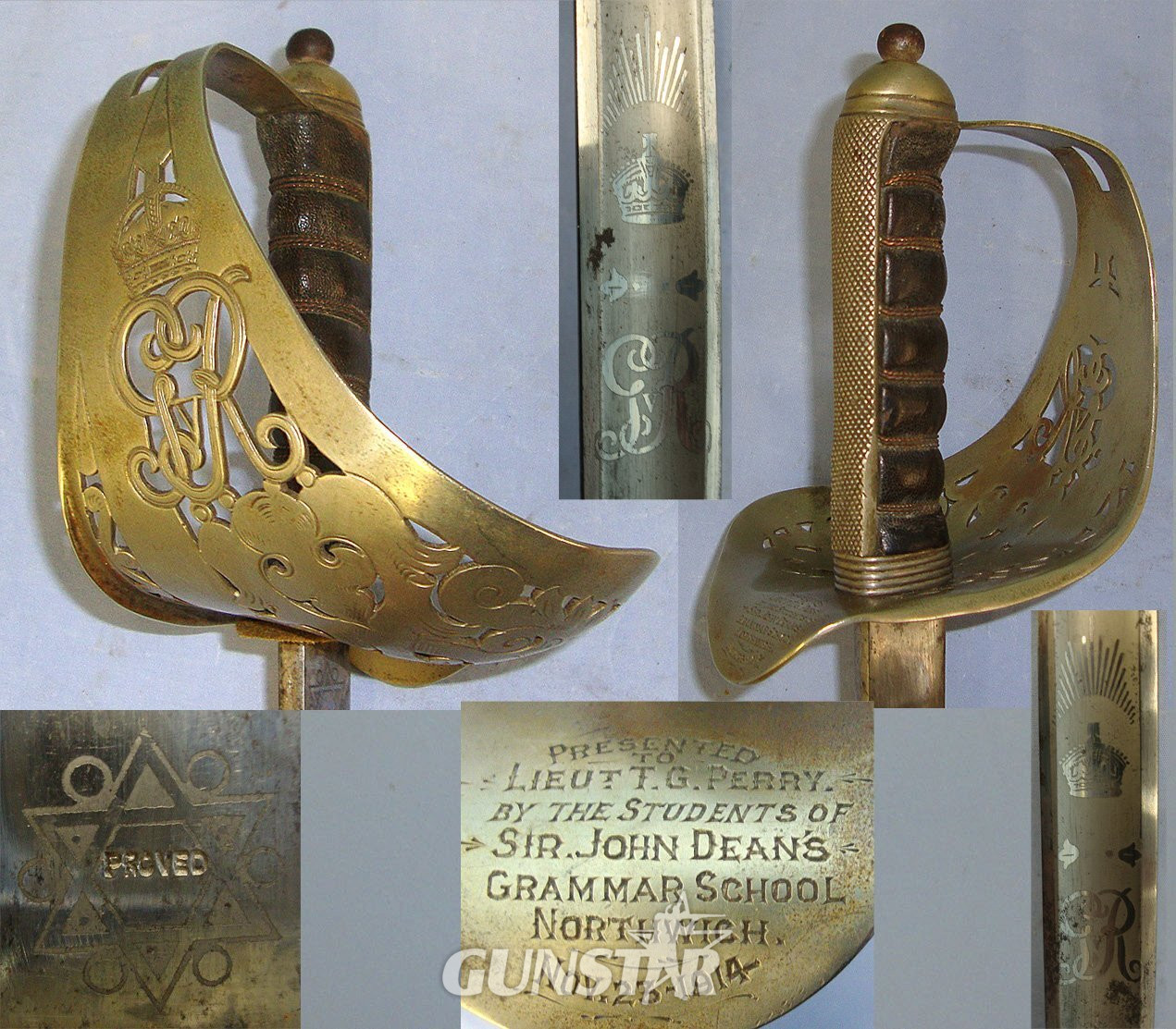 WW1 Era British 1897 Pattern Infantry Officer’s Presentation Sword With King George V Guard Inscribed ‘Presented to Lieut T G Perry by the students of Sir John Deans Grammar School Northwich, Nov 23 1914’ & Leather Covered Field Service Scabbard. ED Sword