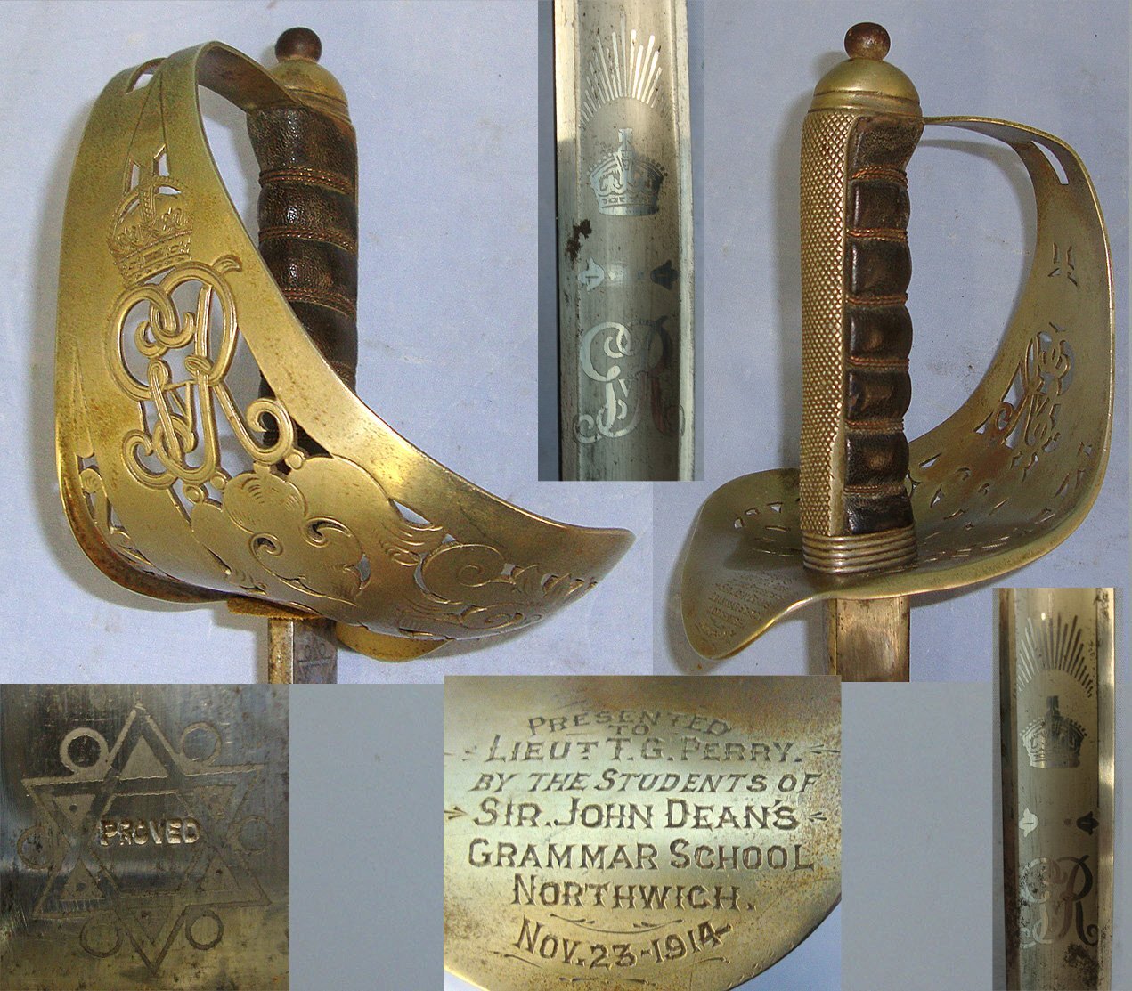 WW1 Era British 1897 Pattern Infantry Officer’s Presentation Sword With King George V Guard Inscribed ‘Presented to Lieut T G Perry by the students of Sir John Deans Grammar School Northwich, Nov 23 1914’ & Leather Covered Field Service Scabbard. ED Sword