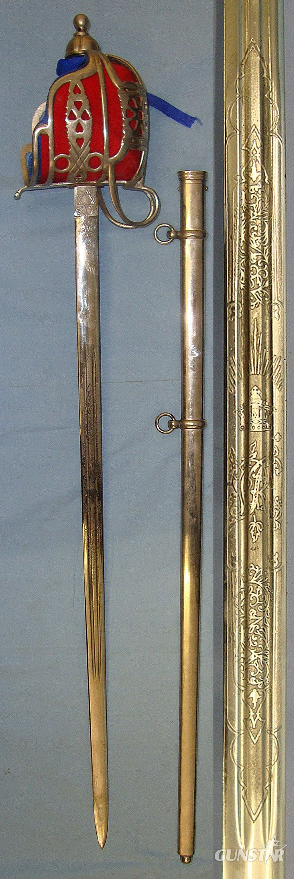 SCARCE & DESIRABLE**Victorian British WD Scottish Regiments Staff Sergeants / Officer’s Basket Hilt Claymore / Broadsword With Etched & Blued Panels Blade & Scabbard. Sn 23484:123 Sword in 