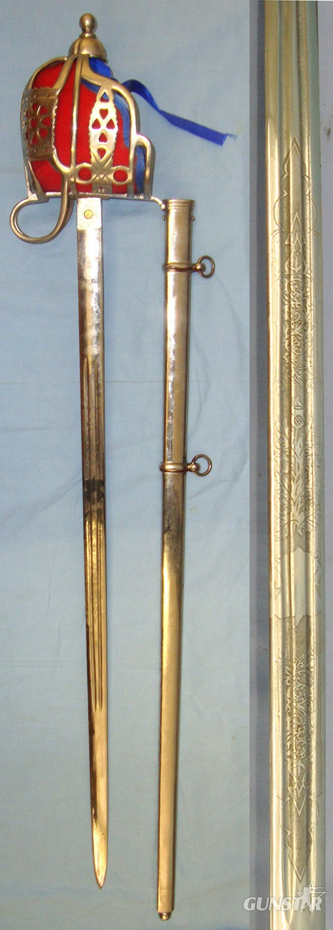  SCARCE & DESIRABLE**Victorian British WD Scottish Regiments Staff Sergeants / Officer’s Basket Hilt Claymore / Broadsword With Etched & Blued Panels Blade & Scabbard. Sn 23484:123 Sword