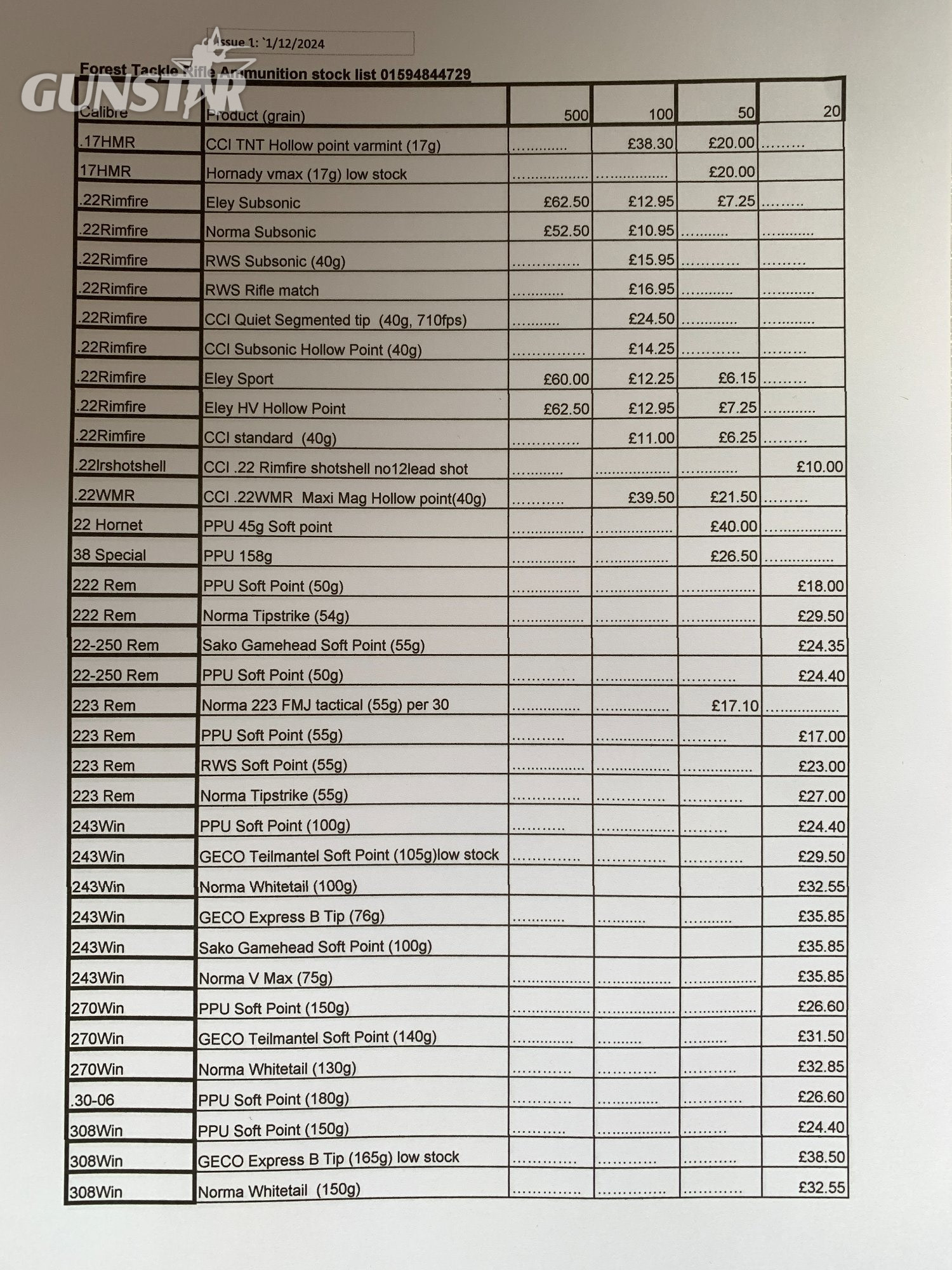 Forest Tackle Rifle Bullet Price List Rifle Bullet price list  Rounds in 