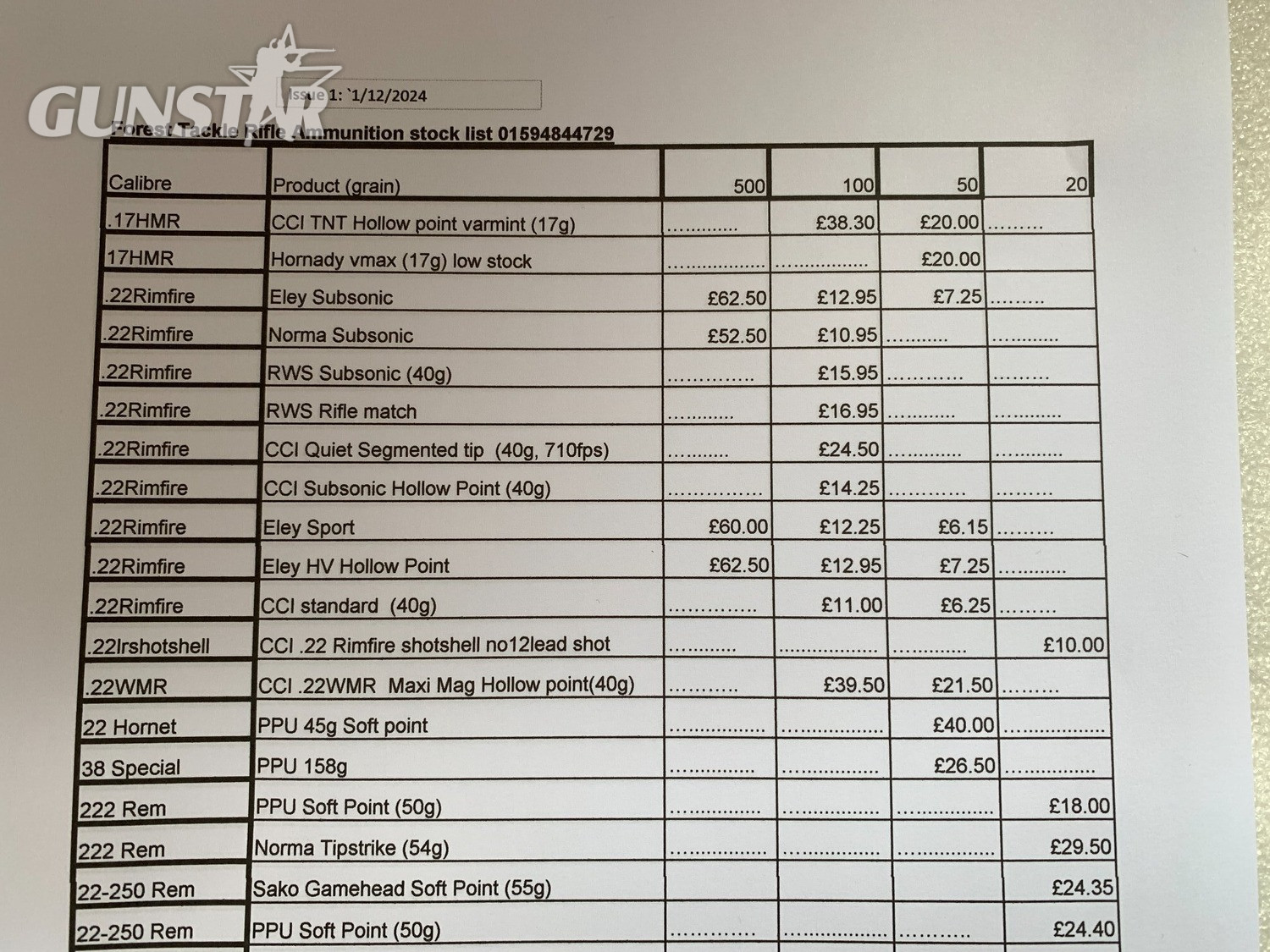 Forest Tackle Rifle Bullet Price List Rifle Bullet price list  Rounds