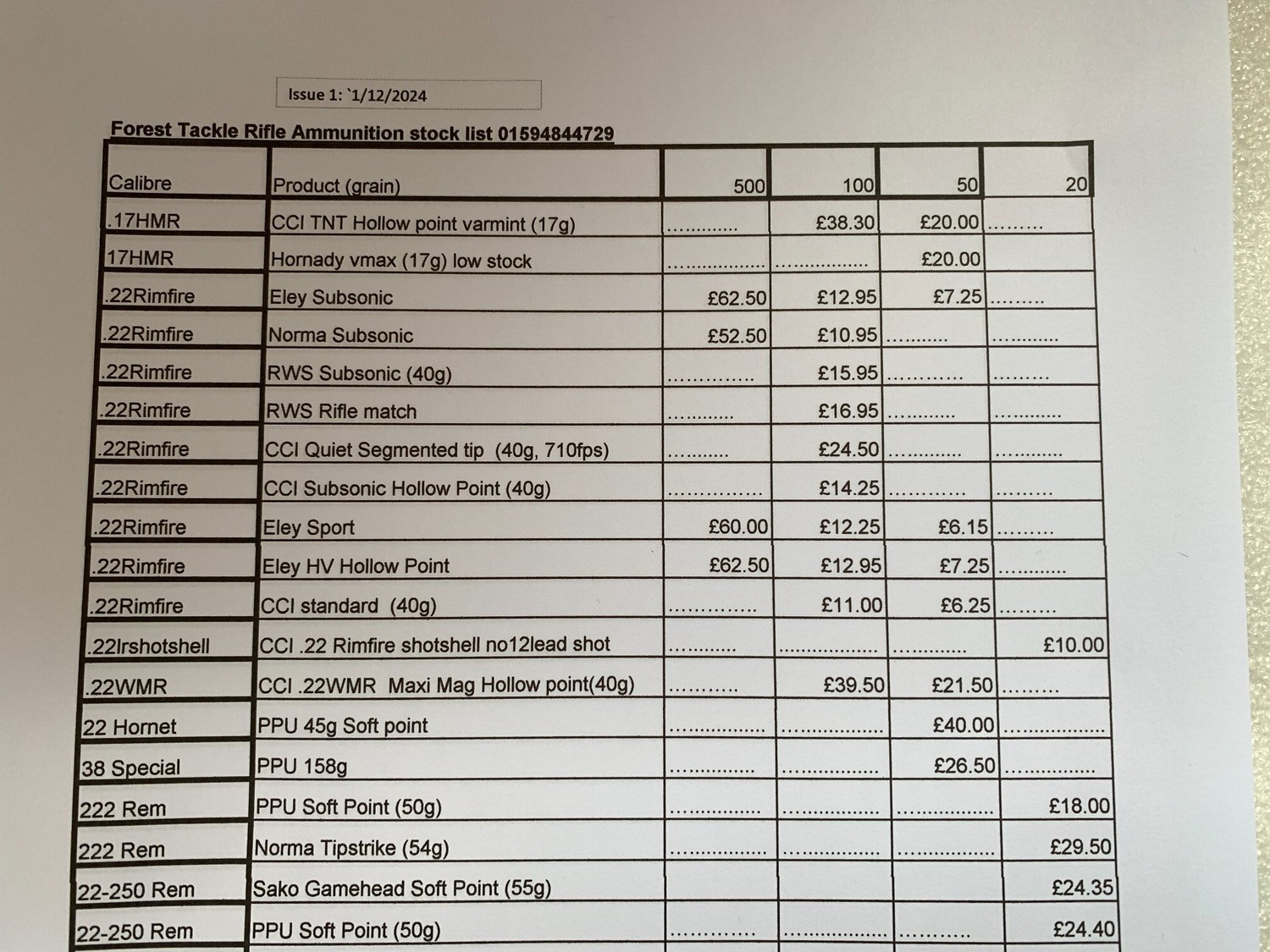 Forest Tackle Rifle Bullet Price List Rifle Bullet price list  Rounds