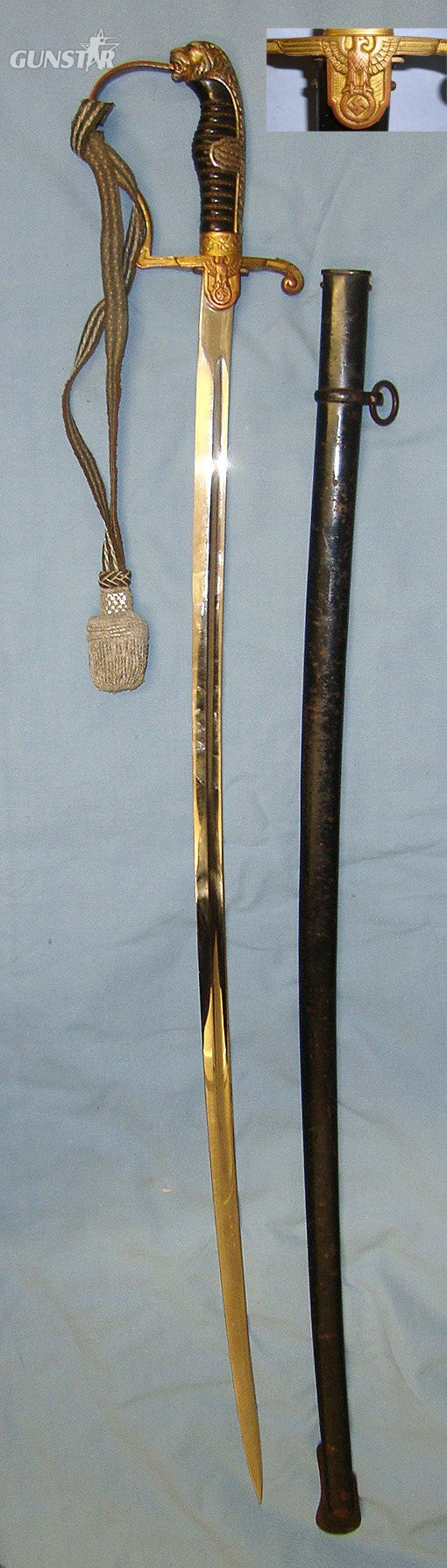 UNUSUAL**UNATTRIBUTED PUMA SOLINGEN PATTERN**WW2 Era Nazi German Army Officer's Dress Sword, Leopard’s Head Pommel With Red Jewelled Eyes, Scabbard & Officer’s Bullion Cord With Portepee. Sn 23174:34 Sword in 
