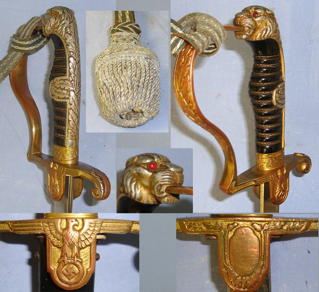 UNUSUAL**UNATTRIBUTED PUMA SOLINGEN PATTERN**WW2 Era Nazi German Army Officer's Dress Sword, Leopard’s Head Pommel With Red Jewelled Eyes, Scabbard & Officer’s Bullion Cord With Portepee. Sn 23174:34 Sword