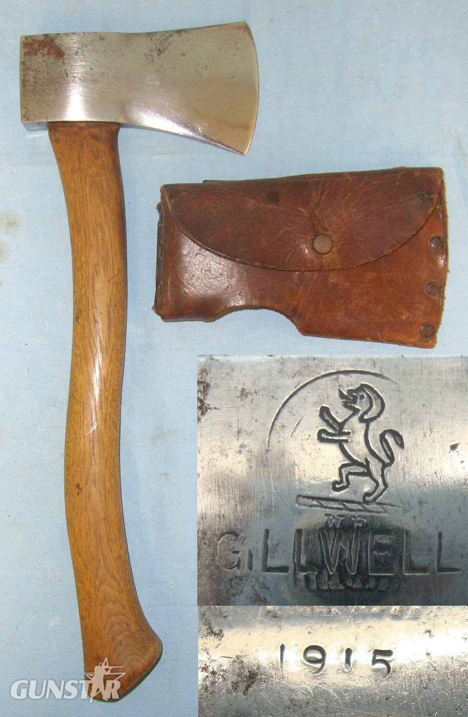 WW1 1915 British Gillwell Trench Equipment Axe With Leather Axe Head Cover / Belt Carrier. MISC 825 Other Blade in 