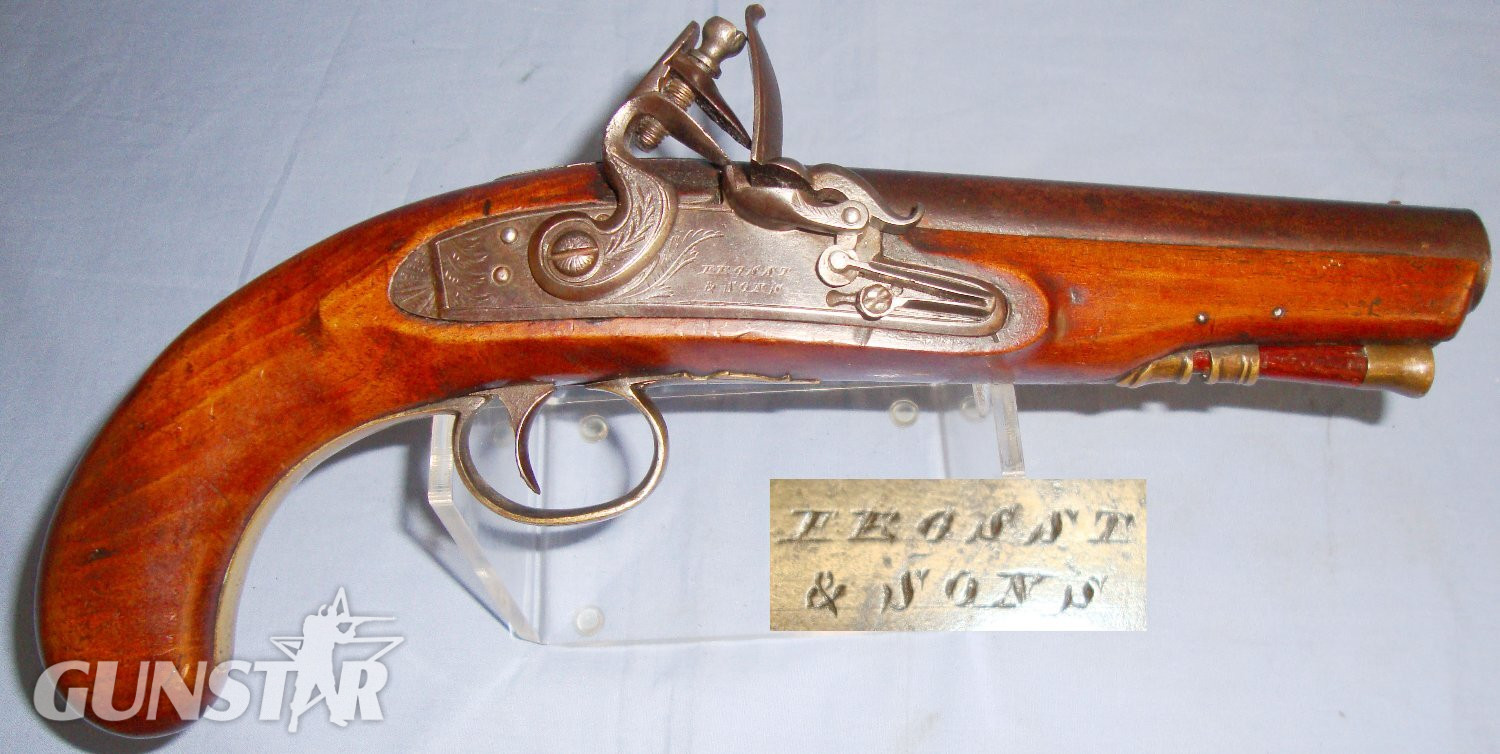 Late 1700’s –Early 1800’s English Form Frosst & Sons 16 Bore Flintlock Overcoat Pistol. Sn 15716 flintlock 16 Bore/gauge Muzzleloader in 