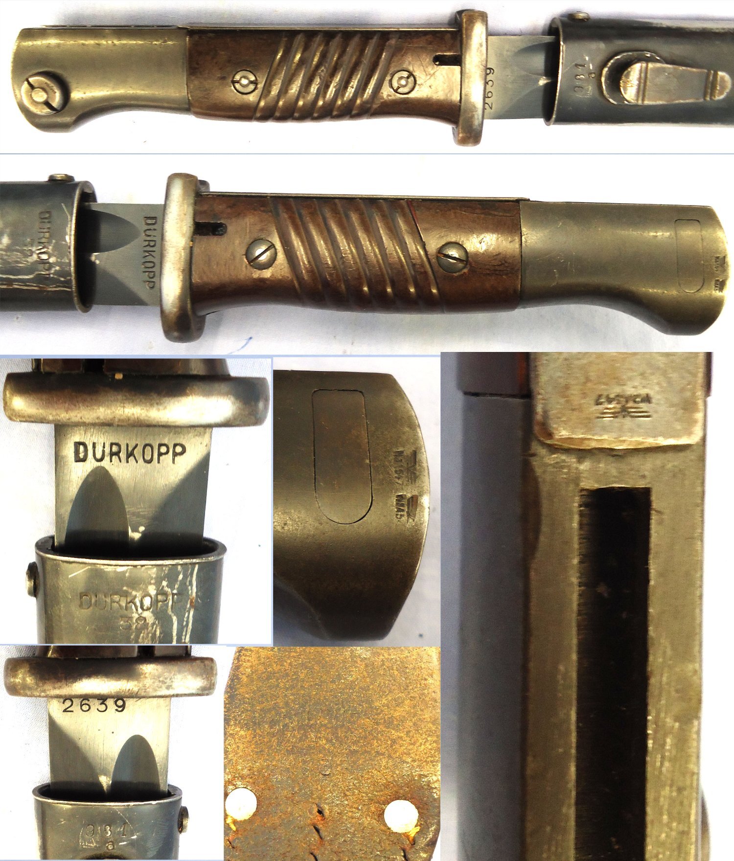  German, 1938 Dated, WWII K98 Mauser Bayonet & Scabbard by Durkopp with a Brown Leather Frog. 23478:75 Bayonet