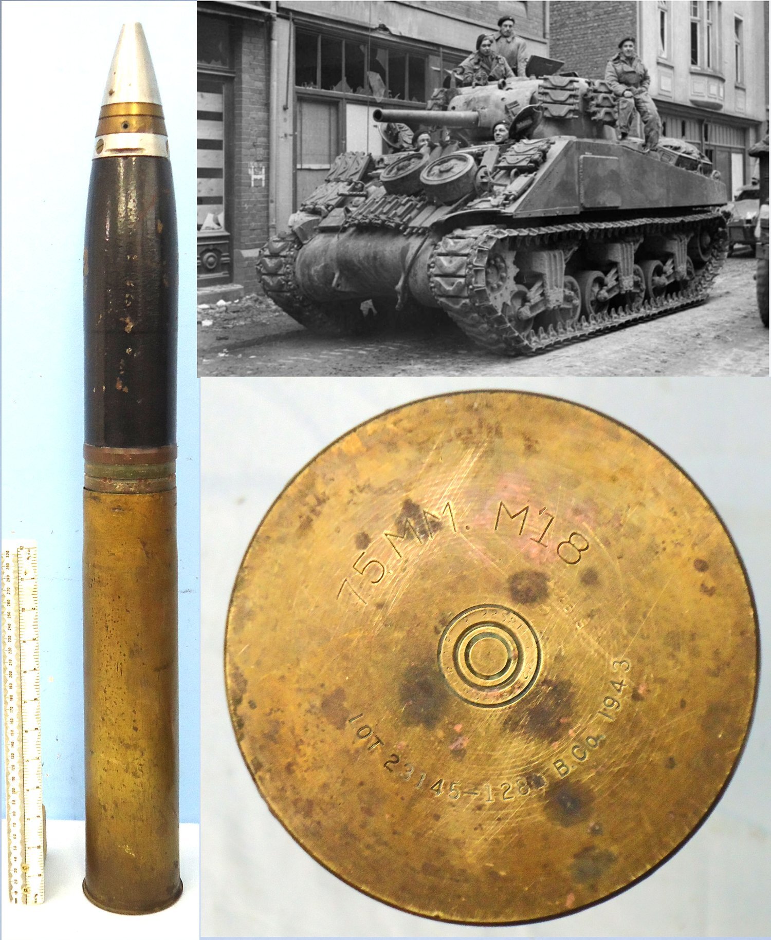 WW2, 1943 Dated, American 75mm (75x350R) M48 High Explosive Round with Super Quick Fuze for the Sherman M4 Tank. O 2420 WW2, 1943 Dated, American 75mm (75x350R) M48 High Explosive Round with Super Quick Fuze for the Sherman M4 Tank. O 2420 Various Other Ammunition in 